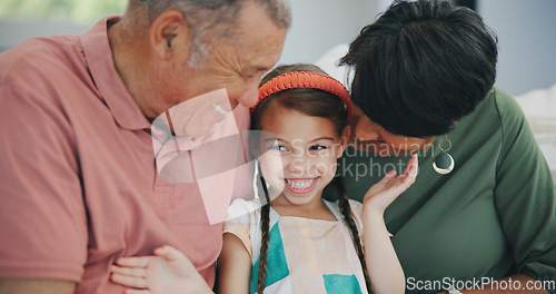 Image of Grandparents, child and face with love on sofa with happiness, support or embrace in home. Happy family, care and smile together in living room, apartment or relax on couch in house and retirement