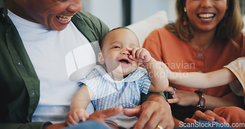 Image of Family, smile and play on couch, baby and bonding or love, relax and support or laughing at home. Happy parents and children, connect and humor or funny, joy and relaxed or silly, goofy and closeup