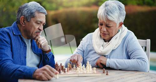 Image of Senior couple, chess match or thinking of strategy, plan or mindset for brain power or move at home. Elderly woman, old man or board game for problem solving, ideas or challenge to relax in backyard