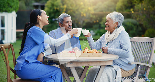 Image of Nurse, tea or people cheers in elderly care, retirement or healthcare support at park or nature. Caregiver, senior man or old woman with coffee toast, meal or outdoor snack together for wellness