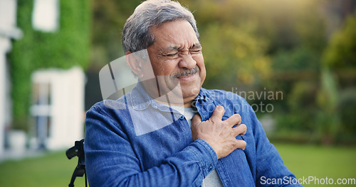 Image of Elderly man, heart attack and emergency in wheelchair in garden, retirement and cardiac arrest in nature. Senior person, chest pain and anxiety for healthcare crisis, fear and medical risk by lawn