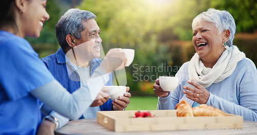Image of Caregiver, laughing or senior people with coffee for bonding or talking in park or nature to relax. Support, tea drink or happy woman with funny nurse or elderly man speaking of gossip in discussion