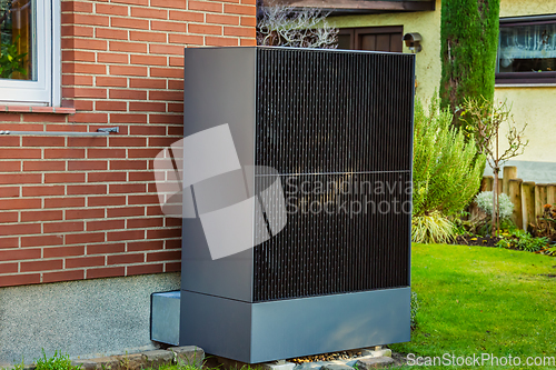 Image of Air source heat pump installed outside in a garden