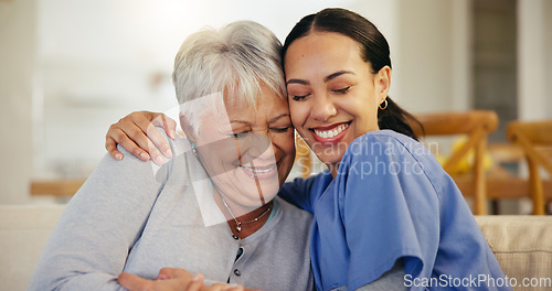 Image of Happy woman, nurse and hug in elderly care for support, trust or love on living room sofa at old age home. Face of female person, doctor or medical caregiver hugging senior patient in relax at house