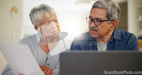 Image of Senior couple, laptop and documents in home for budget, planning financial assets or investment portfolio. Man, woman and paperwork at computer of banking loan, retirement savings or insurance policy