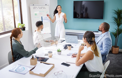 Image of Businesswoman, whiteboard and presentation with discussion in boardroom for strategy. Female leader, mentor and teamwork for brainstorming, collaboration or planning of economical growth for future