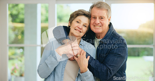 Image of Senior couple, hug or portrait in home with loyalty, commitment or retirement as happy family. Mature man, woman or marriage for gratitude on face, embrace together or wellness for kindness in house