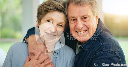 Image of Senior couple, happy or portrait in home with loyalty, commitment or retirement together as family. Mature man, woman or marriage pride for gratitude on face, embrace or trust or wellness in house