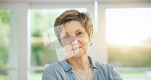 Image of Senior woman, portrait and morning in home and retirement with happiness and health. Elderly, person and smile on face in house to relax with sunshine in apartment, living room or lounge on vacation