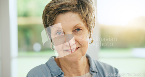 Image of Senior woman, portrait and morning in retirement and home with happiness and health. Elderly, person and smile on face in house to relax with sunshine in apartment, living room or lounge on vacation
