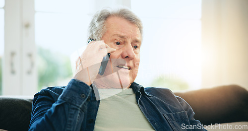 Image of Home, phone call and senior man with conversation, network and speaking with discussion. Apartment, elderly person and pensioner with a smartphone, relax and communication with digital app and idea