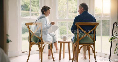 Image of Back, coffee or old couple talking in home bonding to enjoy a conversation together on break. Listen, communication or senior man in retirement speaking or drinking tea with an elderly woman for love