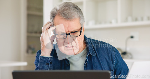 Image of Stress, laptop or elderly man planning for financial spreadsheet or retirement investment in home. Frustrated, debt or senior person reading news online to check savings account, banking or inflation