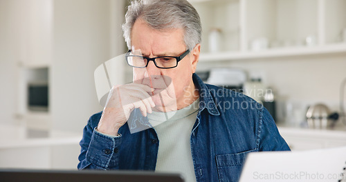 Image of Thinking, laptop or elderly man with paperwork planning for financial spreadsheet or retirement investment. Documents, web or senior person reading news online or savings account or banking in home