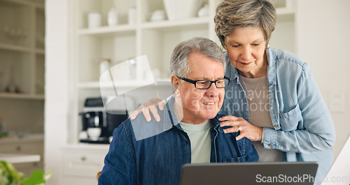 Image of Budget, laptop or senior couple planning for financial spreadsheet or investment in retirement. Research, finance report or elderly people typing online to check savings account, mortgage or taxes
