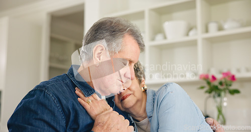 Image of Love, hug and mature couple, man or marriage partner affection, kindness and care for wife, husband or spouse. Relationship trust, support and relax old man, senior woman and people hugging at home