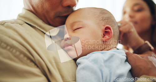 Image of Baby, sleep on father chest for tired rest or childhood development, dream or safety growth. Male person, kid and relax nap on parent for snooze comfort or peace support, calm bonding in dad hands