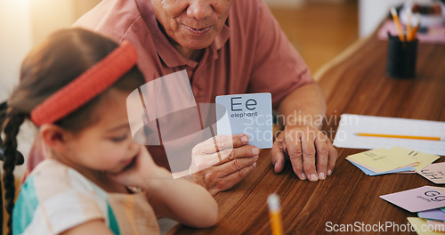 Image of Child, senior man and education or card, teaching and learning at home, language and support. Girl, grandfather and letters or tutoring, assessment and alphabet for development or english homework