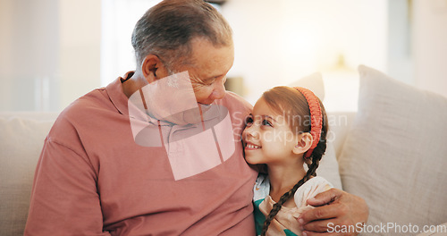 Image of Home, relax and hug with grandfather, girl and happiness with weekend break, joyful and bonding together. Old man, senior person and child with a smile, embrace and support with love, care and kid