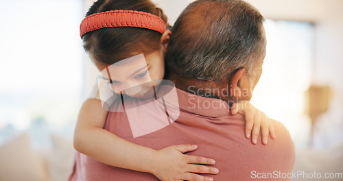 Image of Home, happiness and hug with grandfather, girl and support with weekend break, relax and bonding together. Old man, senior person and child with joy, embrace and trust with love, care and kid