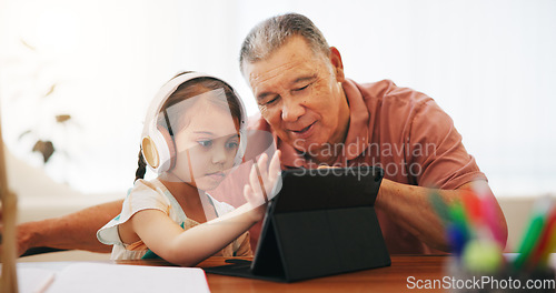 Image of Headphones, grandfather and kid on tablet for elearning, studying and knowledge. Education technology, girl child and grandpa in virtual class, school and help, teaching and typing homework online
