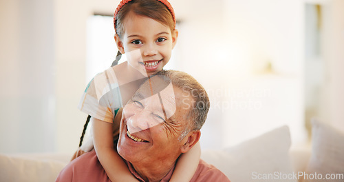 Image of Home, portrait and hug with grandfather, girl and embrace with weekend break, relax and bonding together. Old man, senior person and child with joy, happiness and support with love, care and face