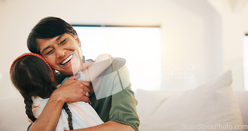 Image of Grandmother, grandchild and smile in hug, love and bonding in retirement, care and relaxing. Happy mexican people, sofa and welcome in visit, greeting and embrace on couch, gratitude and affection