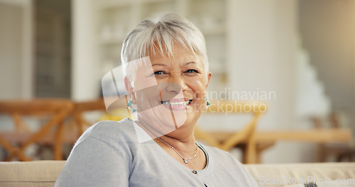 Image of Senior woman, portrait and smile on sofa in home to relax for retirement, good mood and confidence. Happy face, elderly lady and pensioner in living room with wisdom of old age, grey hair or optimism