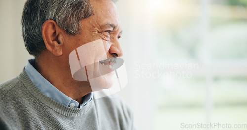 Image of Senior man, smile and wellness in home for confident, pride to enjoy retirement with peace. Mature person, happy and face of gratitude for trust, positive and satisfaction to relax in nursing house