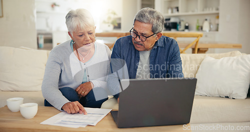 Image of Elderly, couple and laptop with document for financial planning, investment or paperwork for retirement. Senior man, woman and tech with budget for online banking, account or savings in home