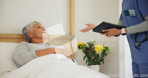 Image of Doctor, tablet and senior woman in bed with consultation, health insurance and discussion on diagnosis in clinic. Elderly person, healthcare and nurse with tech for explain, medic report in hospital