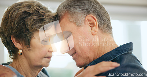 Image of Senior couple, forehead and touch in house with love support, loyalty and security in retirement in family home. Mature man, woman or marriage gratitude for together, commitment or care in apartment