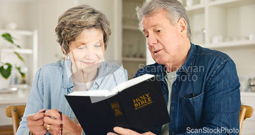 Image of Bible study, reading and senior couple in home with Christian worship, prayer and education in faith. Elderly, people and studying holy gospel, religion or trust in God and together in retirement