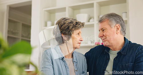 Image of Love, home and mature couple eye contact, affection and bonding for romance, relax retirement or quality time. Soulmate, care and elderly old man, senior woman or marriage people together in Portugal