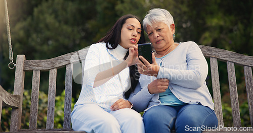 Image of Phone, senior or mother with woman on bench in nature reading news on social media in retirement. Online gossip, mature parent or daughter for together in park or garden as a family with mobile app