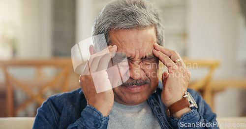 Image of Headache, senior man and stress in home for mistake, mental health and brain fog in retirement. Face, tired and frustrated elderly guy with migraine, crisis and pain of vertigo, trauma and fatigue