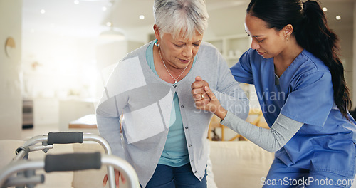 Image of Senior woman, person with disability and nurse for help to couch, walking frame and handholding. Healthcare or elderly for medical, patient rehabilitation and injury for therapy, support or recovery