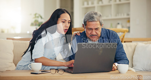 Image of Woman, senior dad and laptop with teaching, reading and typing for email notification, web or search. Computer, elderly father and daughter with click, learning and family home lounge on social media