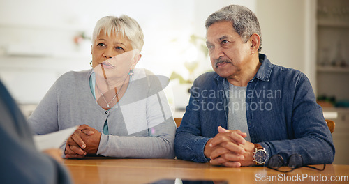 Image of Senior couple, documents and listening to lawyer for retirement plan, finance or investment at home. Mature man and woman with attorney for budget planning, paperwork or legal agreement together