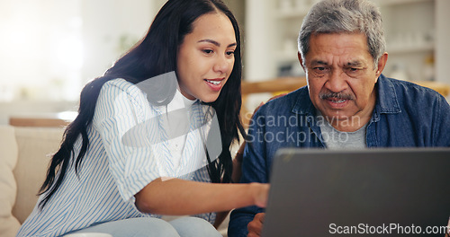 Image of Woman, senior father and laptop with teaching, reading and typing for email notification, web or search. Computer, elderly dad and daughter with click, learning and family home lounge on social media