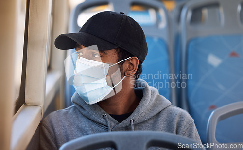 Image of Man, mask or travel in bus in city, cold protection or window view for thinking on journey. Young person, cap or medical cover on mouth for flu virus, transport safety or healthcare rules on vehicle