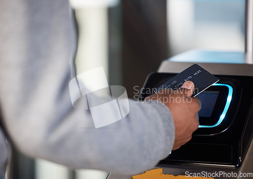 Image of Hands, man and bus card for payment, finance or digital banking tech for travel service. Closeup, scan and transportation terminal machine for subway journey, train credit or money for public commute