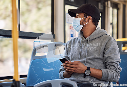 Image of Smartphone, man and mask with bus travel, connection and social media with internet, public transportation or reading notification. Person, traveller or guy with face cover, covid policy or cellphone