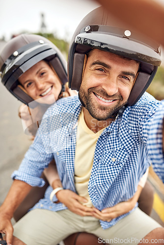 Image of Couple, scooter and selfie for fun, adventure and vacation or holiday, romance and embrace in portrait. Happy people, freedom and motorcycle in outdoors, travel and explore for tourism, hug or free