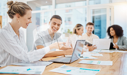 Image of Teamwork, innovation and planning of team on laptop working on data, survey or marketing research. Collaboration, strategy and business workers brainstorming ideas, research analytics or seo growth.