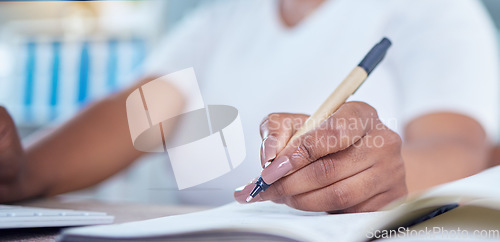 Image of Hands, paper and writing of a woman at work and working on paperwork or documents at the office. Female business worker or employee hand and pen ready to write plan, records or customer information.