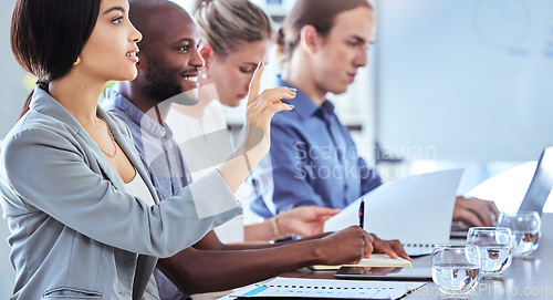 Image of Business meeting with woman hand raise in boardroom for question on diversity and company business strategy success. Corporate management team presentation and planning of global vision and mission