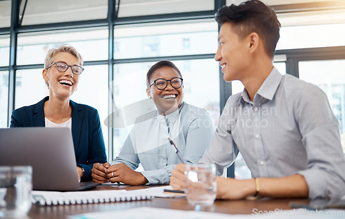 Image of Global business, laughing and teamwork meeting in diversity collaboration, office strategy or digital marketing with laptop. Smile, happy and comic creative people excited about goal and success deal