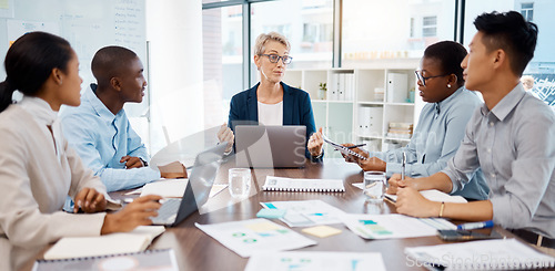 Image of Manager meeting, employee planning and finance discussion with documents in office, conversation with team and partnership at work. Business boss talking to workers about strategy and collaboration