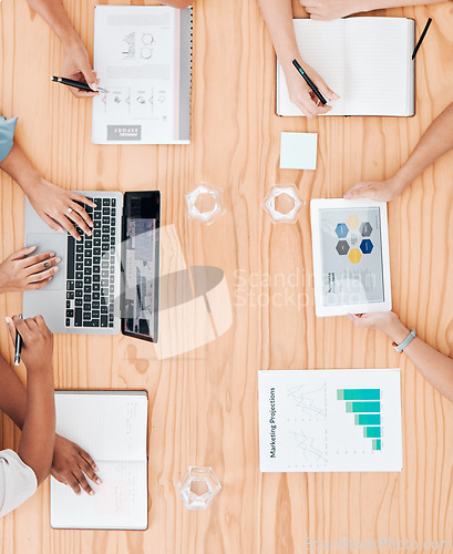 Image of Collaboration, marketing and technology with a business team during a meeting in their office with a laptop, tablet and paperwork. Teamwork and advertising with a group planning for future growth